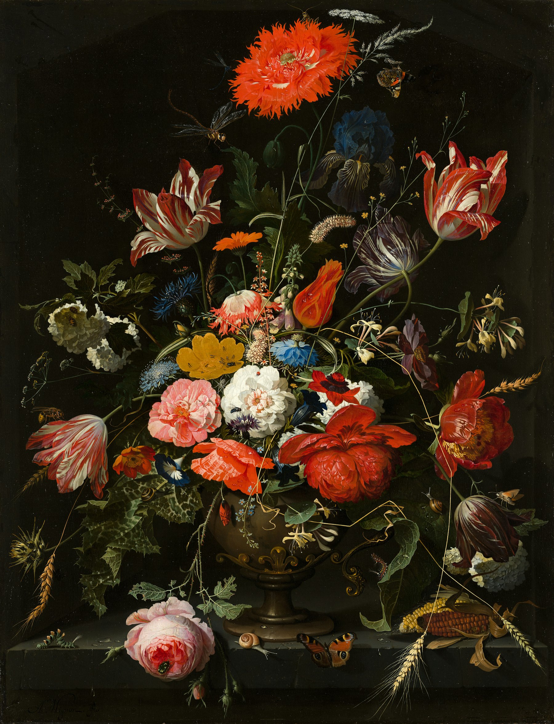 Dutch still life of flowers in a dark vase