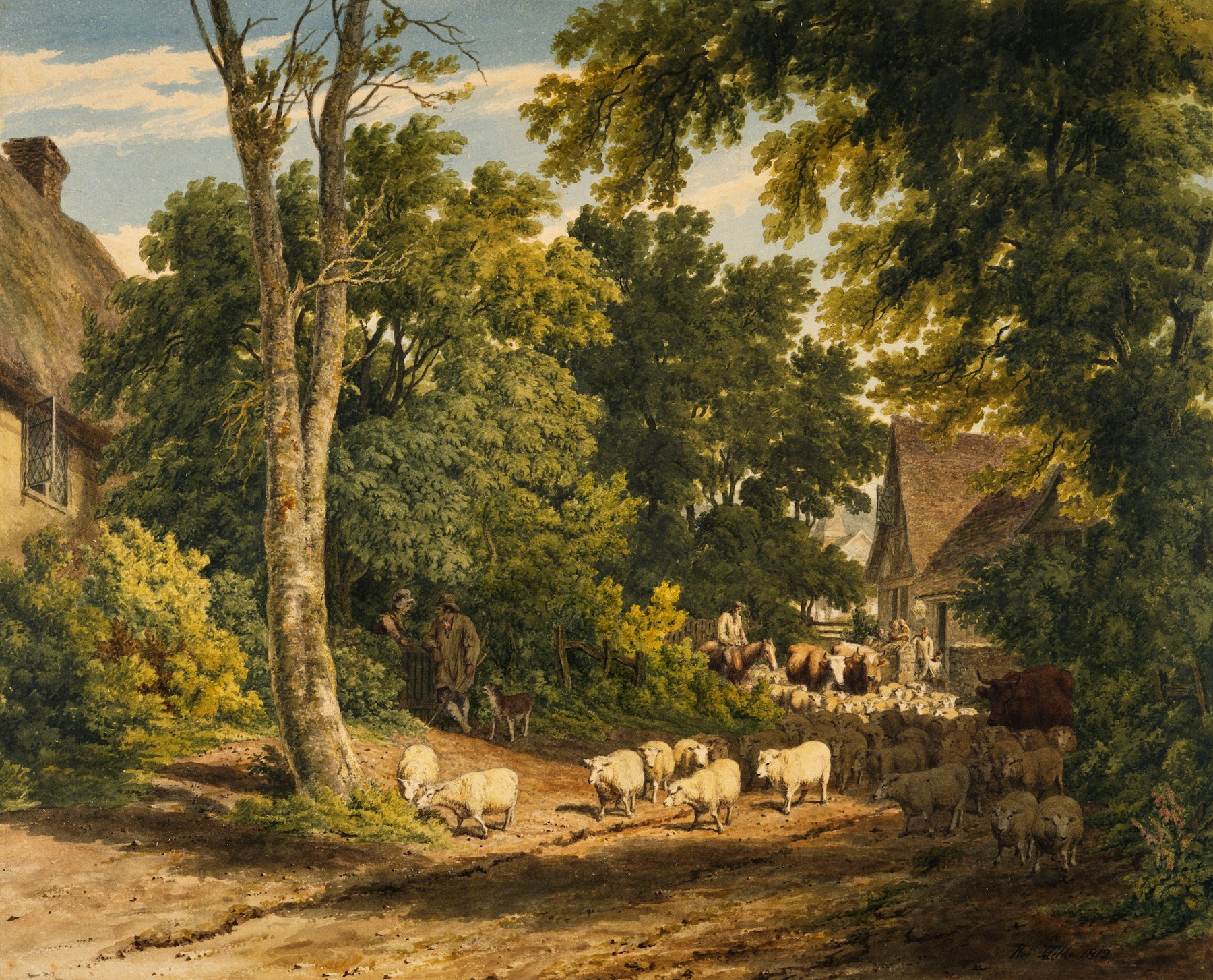 Pastoral landscape painting of a country lane